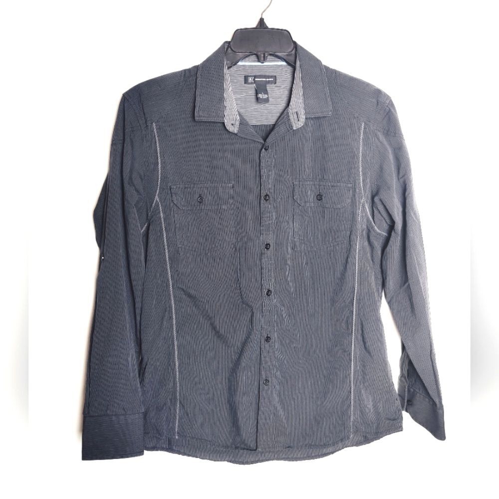 INC Men's Grey Pinstripe Button Down Shirt w Contrast Piping, Size L